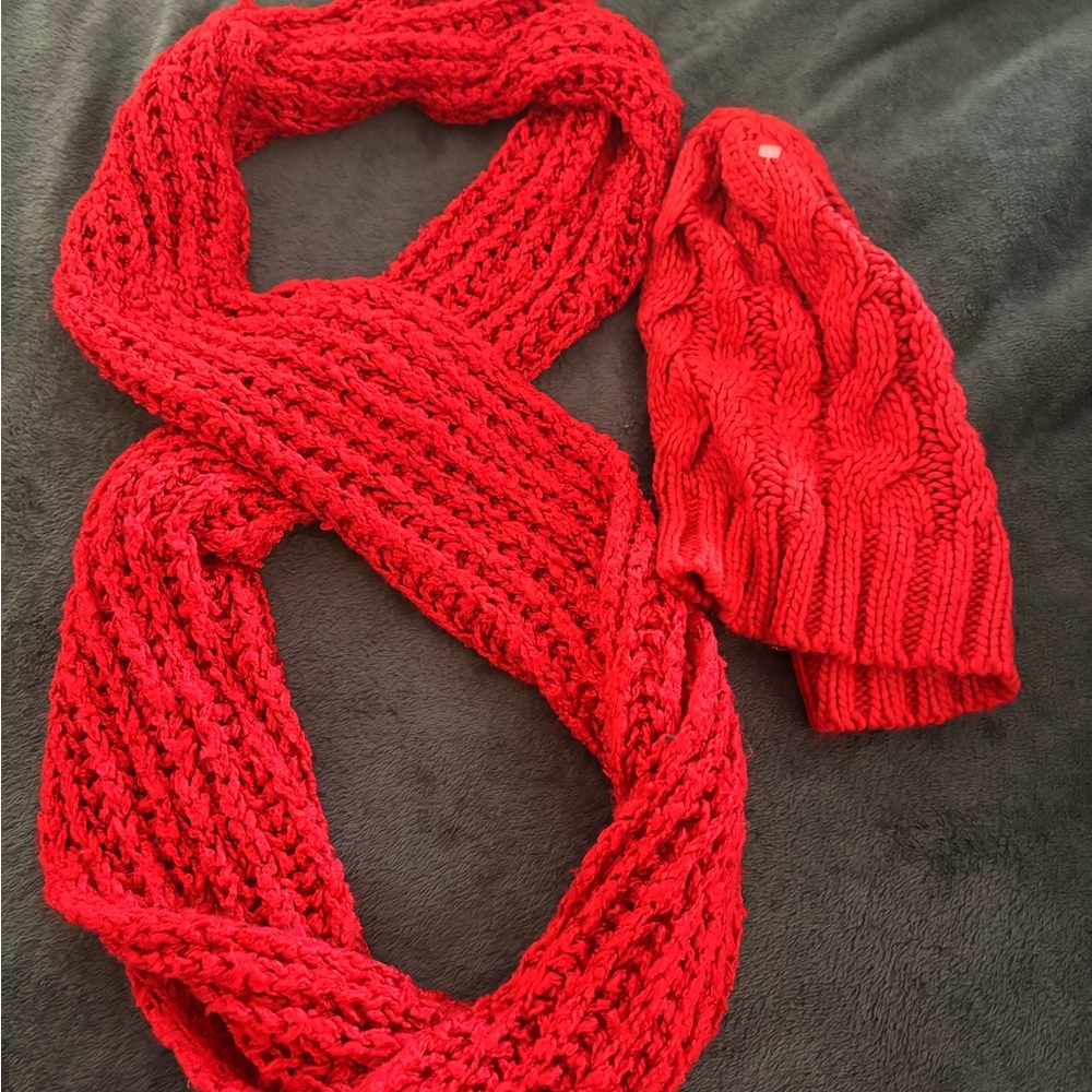 Vibrant coral/orange Knit Scarf and Beanie Set